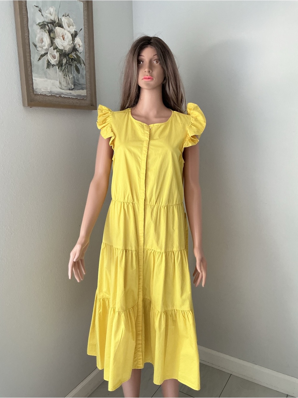 Vineyard Vines Bright Yellow Tiered Cotton Dress with Flutter Sleeves